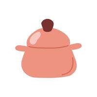 Simple pink cooking pot with a lid and a brown knob in flat style. Minimalistic design for kitchen, cooking and home theme or culinary graphics. illustration isolated on a white background. vector
