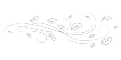 Doodle autumn leaves flying in the wind. Falling season outline backdrop, air flow leaves wave linear pattern or wind blowing doodle print. Autumn windy weather hand drawn monochrome background vector