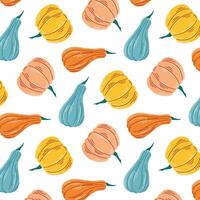 Seamless pattern with various colorful pumpkins and squashes in warm autumn hues. Flat style. Perfect for fall theme design, harvest illustration or seasonal decorations. on a white background. vector