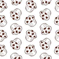 Seamless pattern featuring muffins with chocolate chips in a minimalist line art style. Ideal for bakery branding, packaging, or food themed design. illustration on a white background. vector
