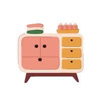 Chest of drawers for nursery in flat style. Stack of clothes and a set of feeding bottles for baby. illustration isolated on a white background. vector