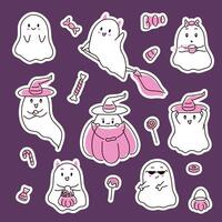 Halloween pink ghost set in line art style. Happy halloween spooky characters sticker, funny and scary creature with pumpkin. illustration isolated on a white background. vector