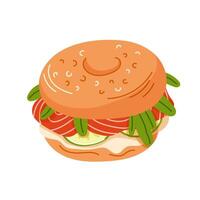 Bagel sandwich filled with smoked salmon, cream cheese, cucumber slices and arugula in cartoon style. Design for breakfast cafe, menu restaurant. illustration isolated on a white background. vector