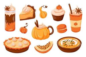 Various pumpkin desserts and drinks set pie, cupcakes, latte, macaroon, soup. Perfect for autumn or Halloween design with warm orange tones. Cartoon style. illustration isolated on a white. vector