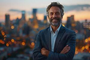 Successful Businessman Smiling with City Skyline at Sunset photo
