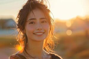 Closeup portrait of a young Asian woman smiling at the camera in the golden hour light. photo