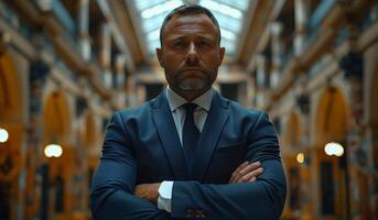 Confident businessman in a suit standing in a modern office hallway. leadership, success, and power. photo
