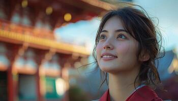 Beautiful young woman looking up with a serene smile in front of traditional Japanese architecture photo