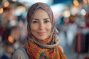 Smiling Muslim woman in headscarf looking at camera photo