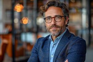 Portrait of a confident businessman wearing glasses in a modern office setting photo