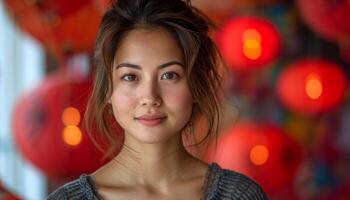 Portrait of a young woman with red lanterns in the background, chinese new year concept photo