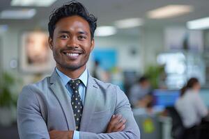 Confident young businessman in a modern office, smiling, with arms crossed. photo