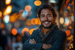 Portrait of a smiling man standing in front of bokeh lights photo