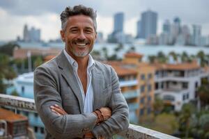 Smiling mature businessman with arms crossed, looking at camera in urban city background. photo