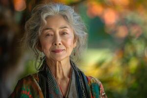 Close up portrait of an elderly Asian woman with gray hair and a serene expression in a colorful garden. photo