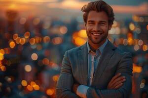 Confident young businessman smiling with city lights in background, success, ambition photo