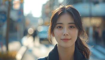 Portrait of a Young Asian Woman Smiling at Camera in Urban Setting photo