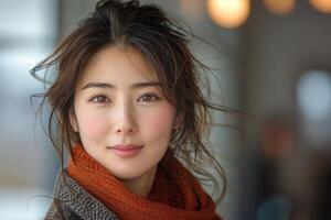 Close up portrait of a young Asian woman with a warm smile and soft focus background photo