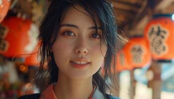 Portrait of a young Japanese woman in traditional clothing, with red lanterns in the background photo
