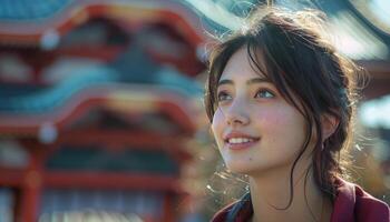 Smiling woman looking up with Japanese architecture in background. Travel, Asian culture, exploring photo