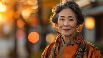 Portrait of an elderly Asian woman in a kimono, smiling warmly and looking at the camera. photo