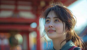 Smiling Asian Woman Looking Up with Hope and Inspiration photo