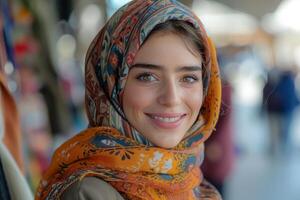 Portrait of a smiling woman wearing a headscarf with a patterned design. photo