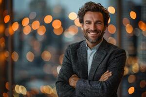 Confident smiling businessman portrait with cityscape bokeh lights in the background photo