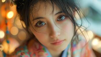 Close up portrait of a young woman with green eyes looking at the camera, bokeh light effect. photo