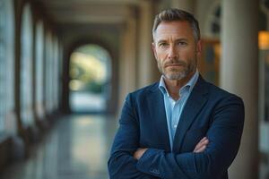 Confident businessman with arms crossed standing in hallway. portrait for marketing profile. photo