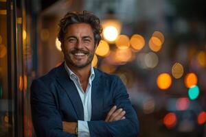 Smiling businessman in blue jacket standing outdoors at night with city lights in the background. photo