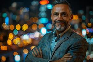 Confident businessman with arms crossed looking at camera with city lights bokeh background photo