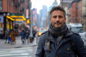 Portrait of a man wearing a scarf and jacket, walking in the city photo