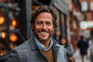 Smiling man with stubble and brown hair in casual clothing. Portrait of happy man in city setting. photo