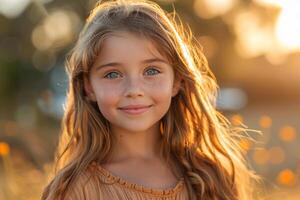 Smiling Little Girl with Golden Hair and Blue Eyes in a Field photo