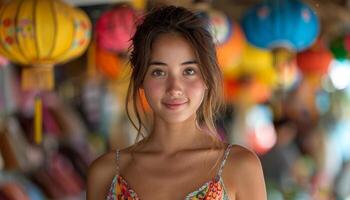 Young woman smiling at the camera, with colorful lanterns in the background. Portrait photography, travel, and Asian culture. photo