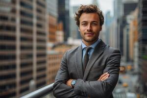 Confident businessman in a suit standing on a rooftop overlooking the city photo