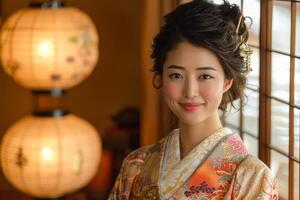 Smiling young woman in traditional Japanese Kimono with paper lanterns in background. photo