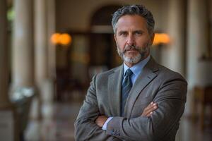 Confident businessman portrait with arms crossed, grey suit and beard photo