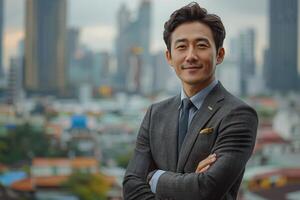 Smiling businessman in suit portrait against city skyline background photo