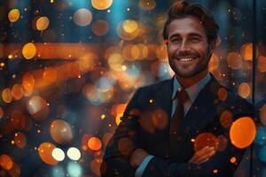 Confident businessman smiling in front of a window with city lights bokeh photo