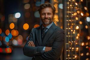 Confident businessman smiling at camera, night city lights bokeh background, success, achievement photo
