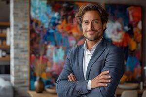 Smiling man in suit standing confidently in a modern office interior with abstract artwork photo