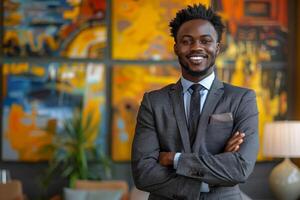 Portrait of a smiling black businessman in suit standing arms crossed front of an abstract art wall photo