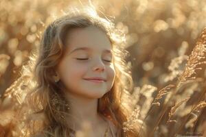 Smiling young girl with eyes closed in a field of golden grass, symbolizing happiness, peace, and nature's embrace photo