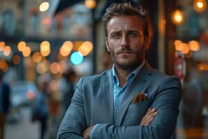Confident businessman in suit, arms crossed, looking at camera, urban background with lights. photo
