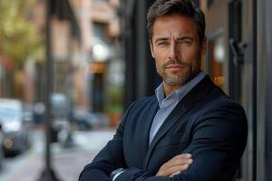 Portrait of a serious confident businessman in a suit standing outdoors with arms crossed photo