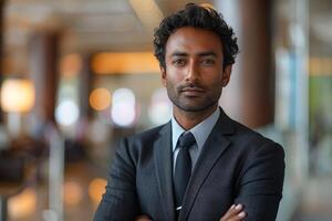 Portrait of a confident young businessman with arms crossed in a suit and tie. photo