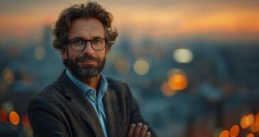 Portrait of a confident businessman with glasses and beard, looking towards city skyline at sunset. photo