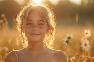 Smiling young woman in a field at sunset photo